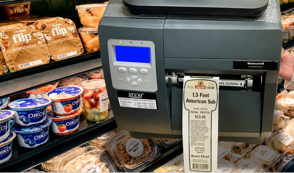 Thermal label printer applying a custom deli label in a supermarket refrigerated case