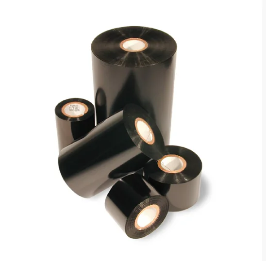 Stack of black wax and resin thermal transfer ribbon rolls