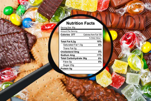 Magnifying glass highlighting a Nutrition Facts label on packaged snack foods
