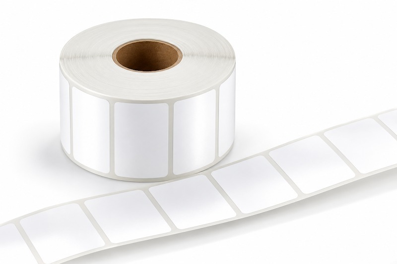 Roll of blank die-cut labels unspooling for manufacturing asset identification