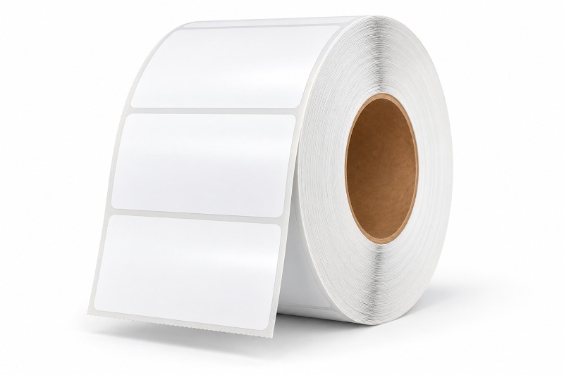 Roll of blank white thermal labels ready for custom printing and asset identification
